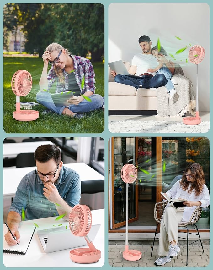 Primevolve Portable Fan, |21H Battery|7200mAh Rechargeable Oscillating Fan with Remote, Foldable Telescopic 7.7" for Travel Camping Cruise Hotel Bedroom, Pink