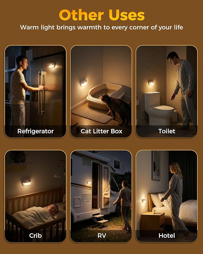 6 Pack Rechargeable Motion Sensor Stair Lights, Indoor Hallway Wall Light, Magnetic Wireless Peel and Stick On Closet Light, Battery Operated LED Night Lights for Step Bedroom Cabinet Toilet Bathroom
