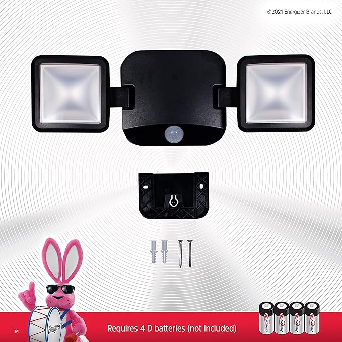 Energizer LED Flood Light Outdoor, Security Light, 2 Head, Wireless, Battery Operated, 800 Lumens, Swivels & Rotates, Weather-Resistant, Motion Sensor Outdoor Light, Black, 1 Pack, 40776
