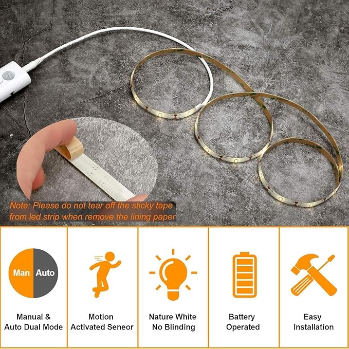 Motion Sensor Light Indoor, Closet Lights Motion Sensored, Battery Operated Cabinet Lights Strip, White Under Cabinet Lighting, Under Counter Lights for Kitchen, Led Strip Lights for Bedroom