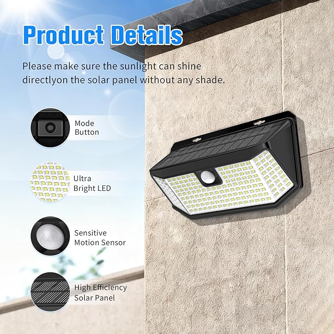 Aootek Solar Outdoor Motion Sensor Lights 2500Lm Solar Panel to 15.3 in² and 3 Modes(Security/Permanent On All Night/Smart Brightness Control) with IP65 Waterproof with Wide Angle(4pack)