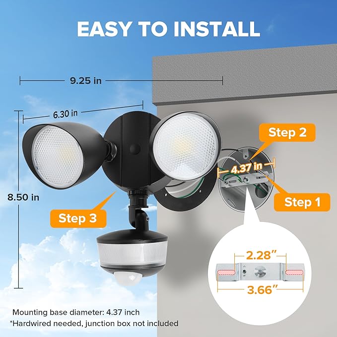 LUTEC 34W 3700 Lumen LED Security Light Motion Sensor Outdoor Lights with Night Light, 5000K Daylight, IP65 Waterproof, Dusk to Dawn, Hardwired Motion Detector Flood Light for Garage, Yard-Black