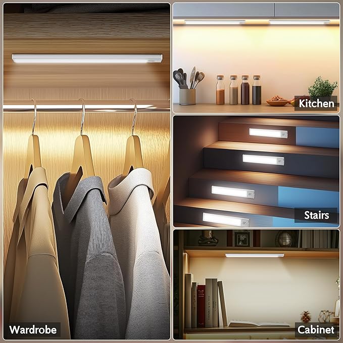 Under Cabinet Lighting Wireless, 4Pack Motion Sensor Light Indoor with 3 Color Temps, Dimmable Closet Lights Battery Operated, LED Magnetic Light, Rechargeable Under Counter Lights for Kitchen Home