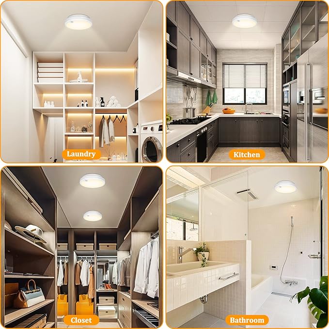 2-Pack Battery Operated Motion Sensor LED Ceiling Lights Indoor, Wireless Flush Mount Light Fixture 3000K in 400LM, Battery Powered Ceiling Lamps for Closet Pantry Laundry Stair(Battery Not Included)