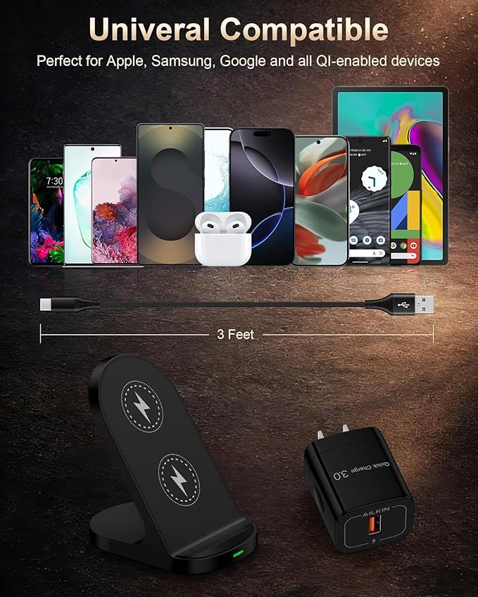 15W Wireless Charger Stand for Samsung Galaxy S26 S25 S24 Ultra S23 Plus, Fast Charging Station with QC 3.0 Adapter, Qi-Certified Phone Charger Stand for Galaxy Z Fold 7/6, iPhone 17 16, Google Pixel
