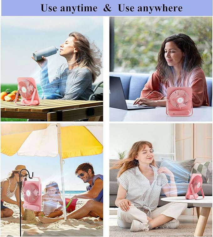 WHATOOK Small Desk Fan Personal Fans: 5000mah 25 Hours Battery Office Quiet Mini Desktop Fan Portable Rechargeable Travel Essentials (Pink, 5000 mAh)