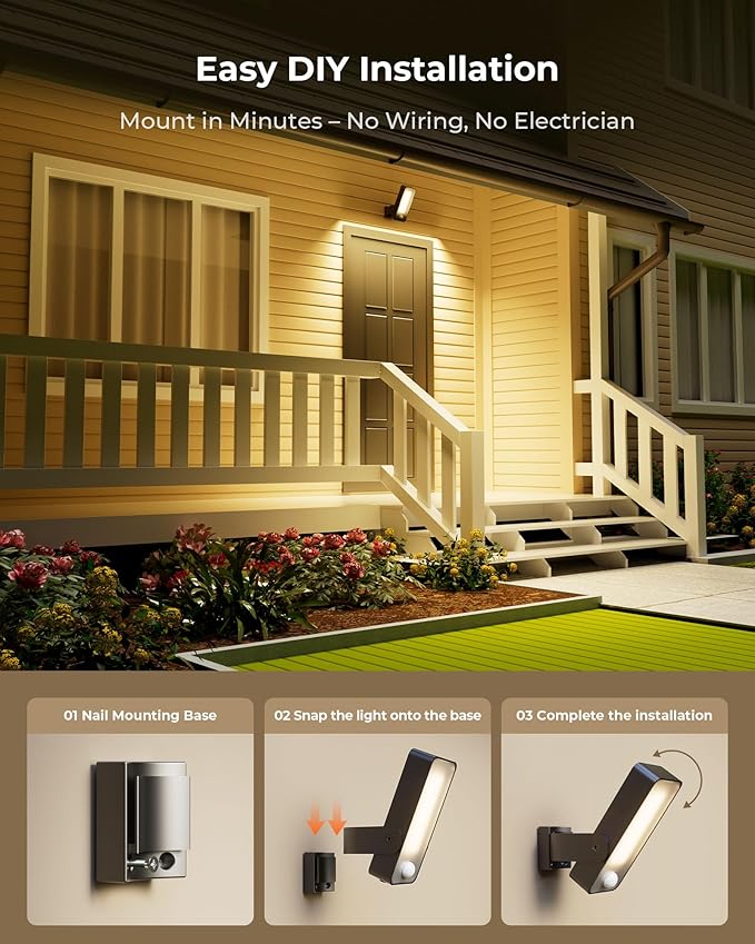 2 Pack Motion Sensor Outdoor Lights, 10000mAh Rechargeable Battery Operated Outdoor Lights with Remote, 3 Modes with Red Alert, Dimmable & 3CCT, Outdoor Security Lights for Porch, Backyard, Garage