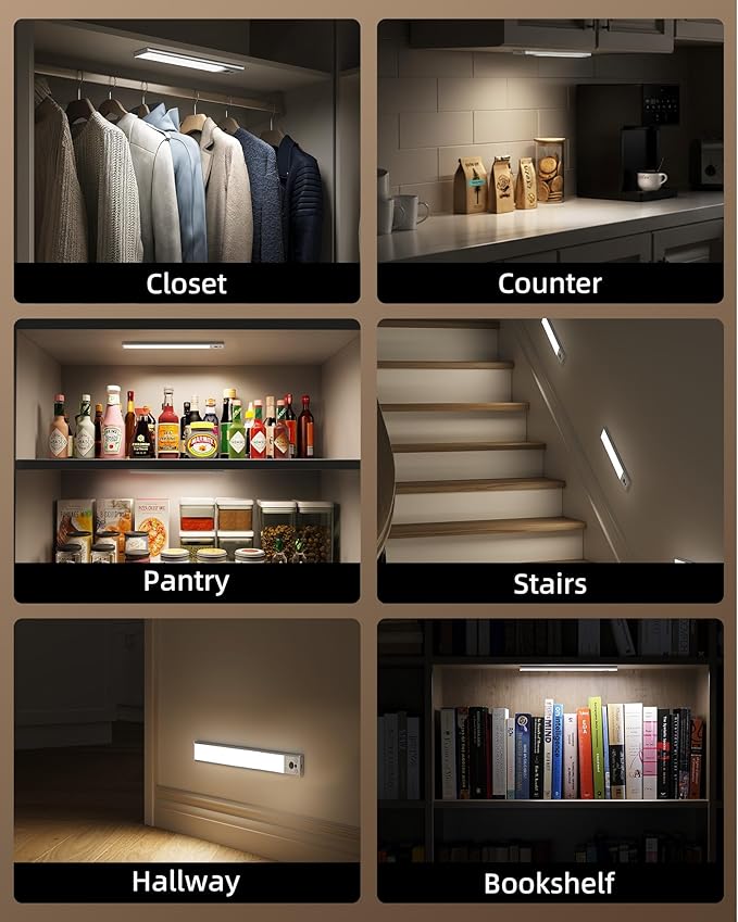 EZVALO 12-inch Under Cabinet Lighting, 3200mAh Rechargeable Motion Sensor Light Indoor, with Dimmable & 3 Color Temps, Magnetic Closet Lights, Wireless Under Counter Lights for Kitchen, Stairs(4-Pack)