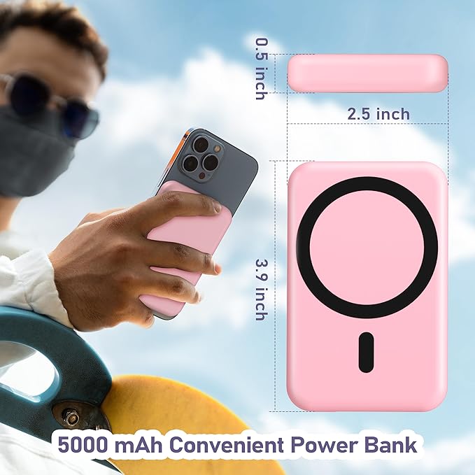 Smtcsl 3 in 1 Wireless Charging Station: 5000mAh Removable Power Bank Charger Stand for Phone/Watch/Air Pods - Portable Magnetic Battery Pack for Air 17 16 15 14 13 12 Series Pink