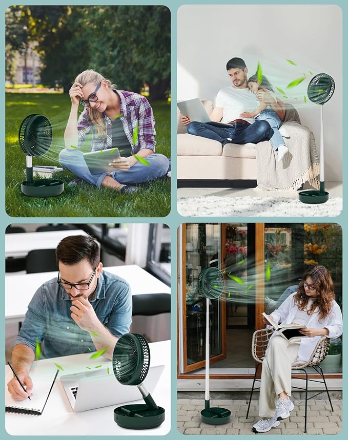 Primevolve Portable Fan, |21H Battery|7200mAh Rechargeable Oscillating Fan with Remote, Foldable Telescopic 7.7" for Travel Camping Cruise Hotel Bedroom, Green