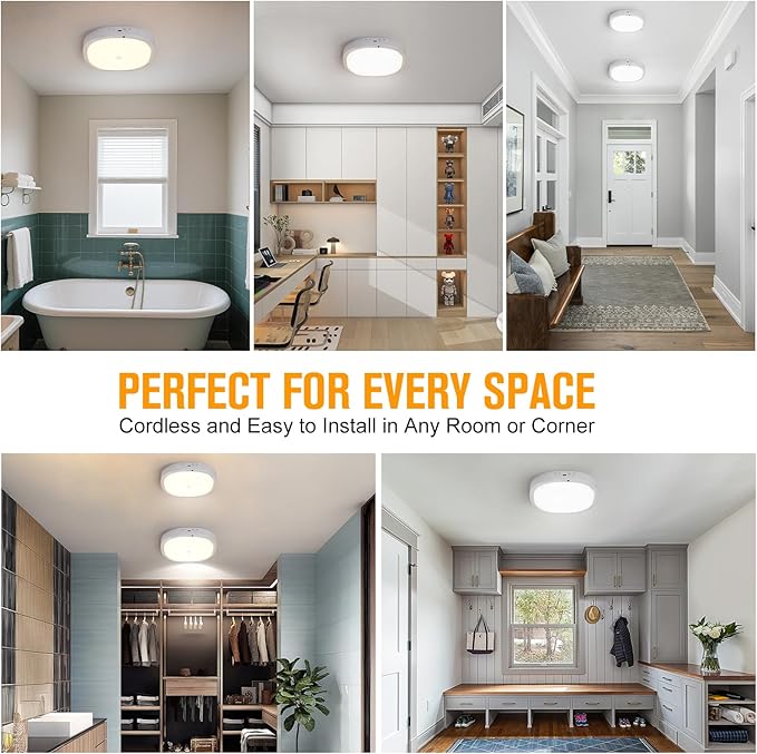 Rechargeable Motion Sensor Ceiling Light Indoor, 10000mAh Battery Operated Closet Light with Remote Control, Magnetic Mount Shower Light for Bathroom/Pantry/Garage 2-Pack