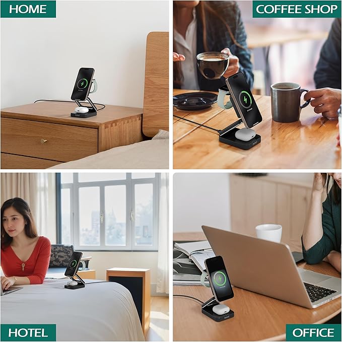 Smtcsl 3-in-1 Foldable Wireless Charging Station: Magnetic Charger Pad Compatible with Phone air 17 16 15 14 13 12 Series/Watch/Air Pods - Portable Folding Stand for Travel
