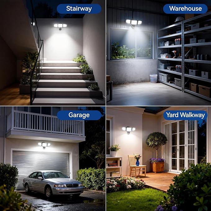 LED Security Lights Motion Sensor Light Outdoor, 7000LM, 6500K, Waterproof, Flood Light Outdoor Motion Detector with Adjustable 3 Head, Hardwired Wall Light for Entryway, Yard, Garage