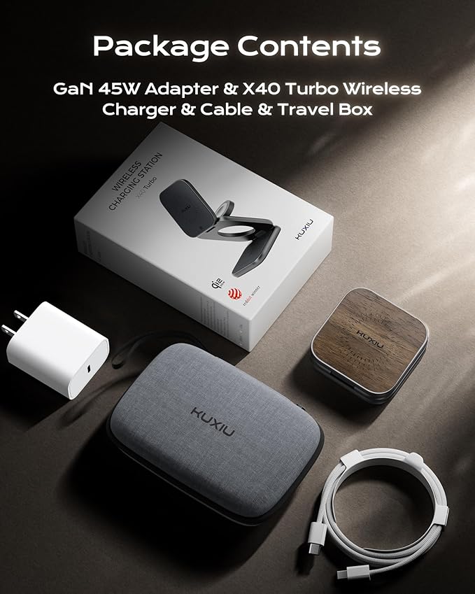 KU XIU Qi2.2 25W Magnetic Wireless Charger, Foldable 3 in 1 Travel Charging Station for iPhone 17/16/15/14/13/12, 5W for Apple Watch & AirPods, Aluminum Alloy Design, with 45W GaN Adapter, Wood Grain