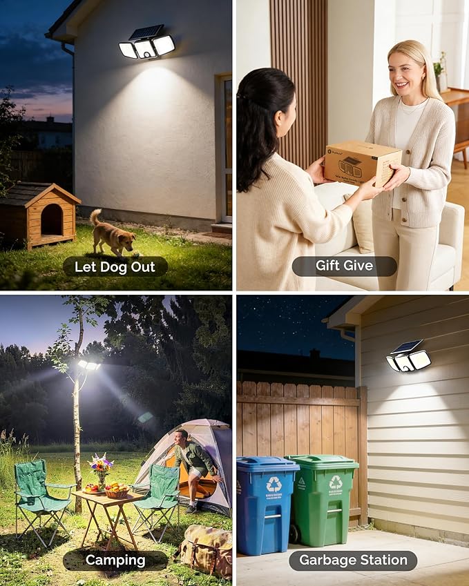 Brightown 4 Pack Solar Outdoor Lights, 2500LM 223 LED Solar Flood Outdoor Lights with Motion Sensor 3 Modes, 3 Head 270° Wide Angle Street Area IP65 Waterproof Security Wall Lights with Remote
