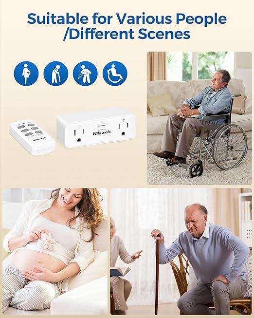 Remote Control Outlet with 2 Independent Control Sockets, WILAWELS Wireless Remote Light Switch for Christmas Tree Lights, String Lights 15A/1875W/125V, Compact, Programmable, FCC Certified W04RC1106
