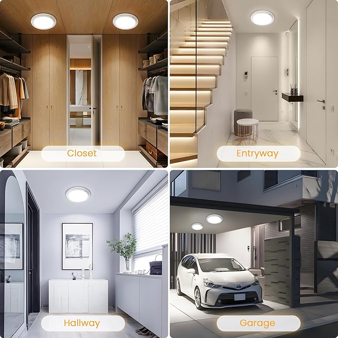 SunRider 2-Pack Rechargeable Motion Sensor LED Ceiling Light with Remote, Wireless Battery Operated 3CCT Dimmable Closet Lights for Shower Pantry