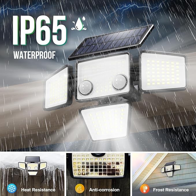 LYWALT Solar Lights Outdoor - 3000LM 188 LED Motion Sensor Outdoor Lights, 4 Heads IP65 Waterproof Powered Security Flood Lights, 270°Wide Lighting Angle Wall Light with Sensors for Backyard (4 Pack)