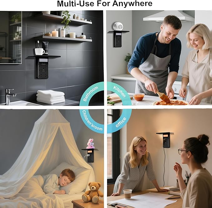 Wall Outlet Extender with Shelf and Night Light, Surge Protector with 3 USB Ports (2A+1C) and 6 AC Outlets, Multi Plug Power Strip Electric Outlet Splitter for Home and Office Use, Black