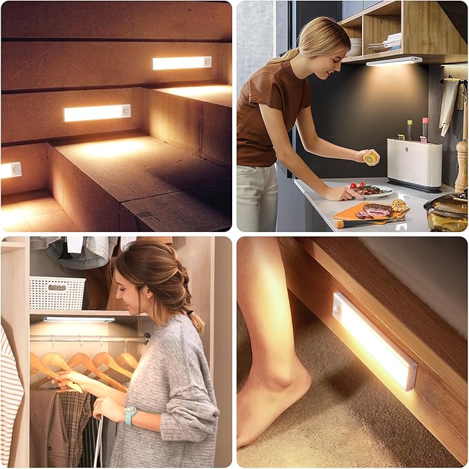 6 Pack Under Cabinet Lights Wireless, 50 LED Motion Sensor Light Indoor Rechargeable Magnetic Closet Lights Battery Operated, Under Counter Lights for Kitchen, Wardrobe, Stairs, Warm Light