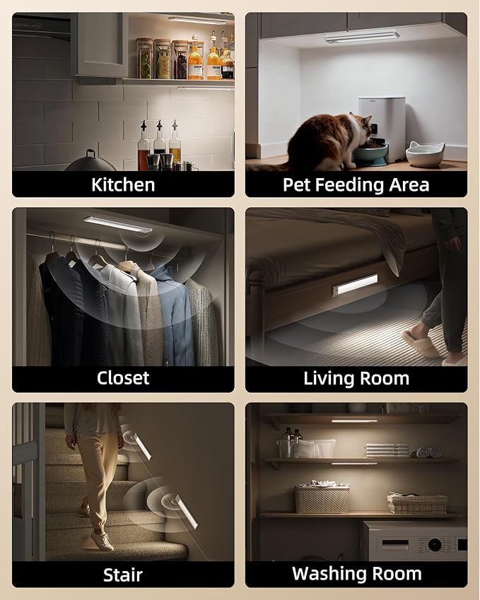 EZVALO 4-Pack Under Cabinet Lighting, 12-inch Motion Sensor Light, 2400mAh Rechargeable, 3 Color Temperatures, Dimmable, Magnetic Wireless Lighting for Kitchen, Closet, Pantry, Stairs