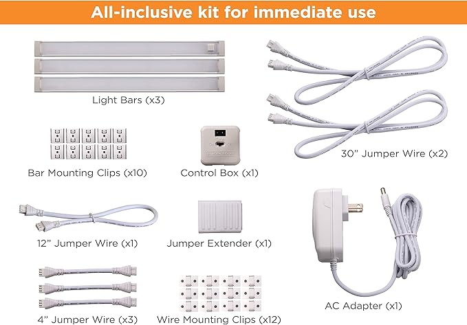 PureOptics LED Under Cabinet Lighting Kit, 3-Bars, 9 Inches Each, DIY Tool-Free Installation, Warm White, 2700K, 1080 Lumens, 15 Watts, Home Accent (LEDUC9-3WK)