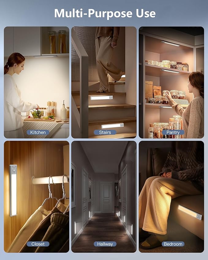 OTWKAY 10.5inch Under Cabinet Lighting, Rechargeable Closet Light with 3 Color Temps, 2 Pack Dimmable Motion Sensor Lights Indoor, Under Counter Lights for Kitchen, Hallway
