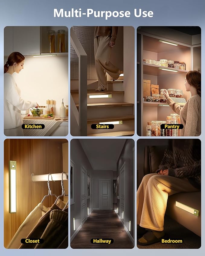 OTWKAY 10.5inch Under Cabinet Lighting with 3 Color Temps, 2 Pack Rechargeable Motion Sensor Lights Indoor, Dimmable Under Counter Lights for Kitchen, Closet
