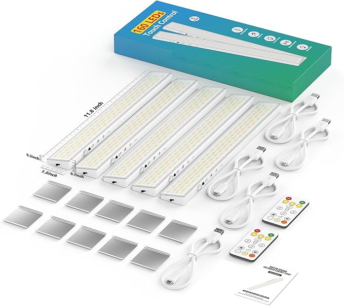 12inch 5Pack Touch Control Under Cabinet Lighting, 160LED Super Bright, 4000mAh Long-Lasting, Magnetic Rechargeable Motion Sensor Under Counter Lights for Kitchen, Closet, Remote, Dimmable, 3CC丨White