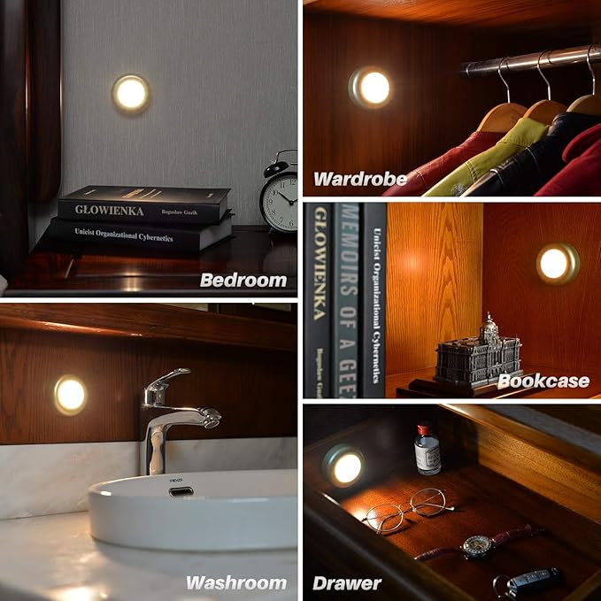 STAR-SPANGLED 3 Pack 2.8” Motion Sensor Lights Indoor AAA Battery Operated, Stick on LED Puck Light for Stairs, Under Cabinet, Closet (Golden, Warm White)