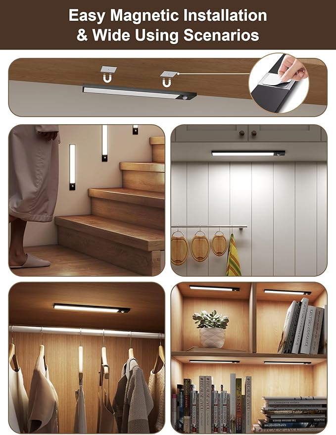 8inch Rechargeable under cabinet lighting ,56 LED -3 Color& 7 Levels Motion Sensor Light Indoor,1800mah Dimmable Magnetic Cabinet Lights, Punch-Free smart Sensor Magnetic Rechargeable led Lights
