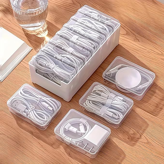 11 Box Cable Organizer Storage Box, Desktop Cable Management with Switch, Power Cord Organizer for Office,Home,Desk Accessories Storage Stationery Supplies and Accessories(Clear) (11 Box)