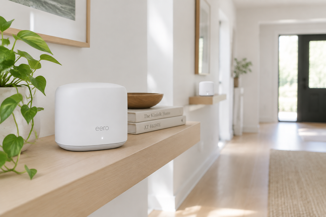 A white mesh wifi router on a shelf in a bright minimalist hallway