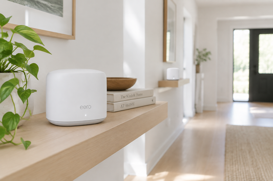 A white mesh wifi router on a shelf in a bright minimalist hallway