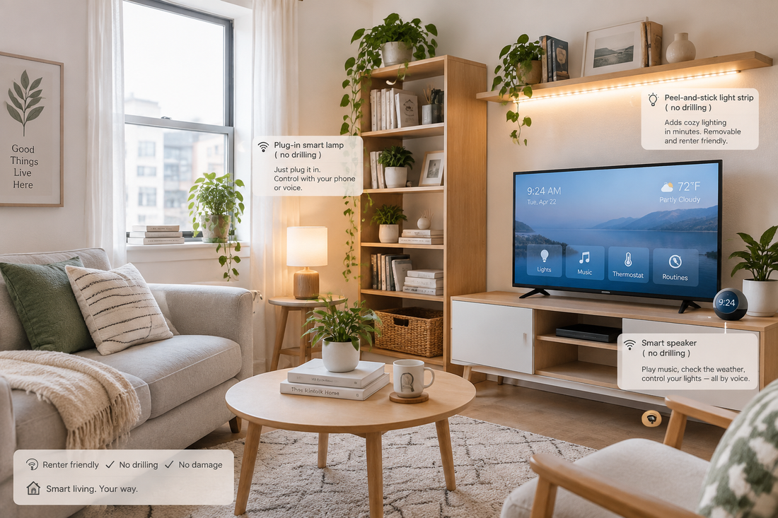 A rented apartment living room with a plug-in smart lamp and a stick-on light strip