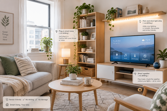 A rented apartment living room with a plug-in smart lamp and a stick-on light strip