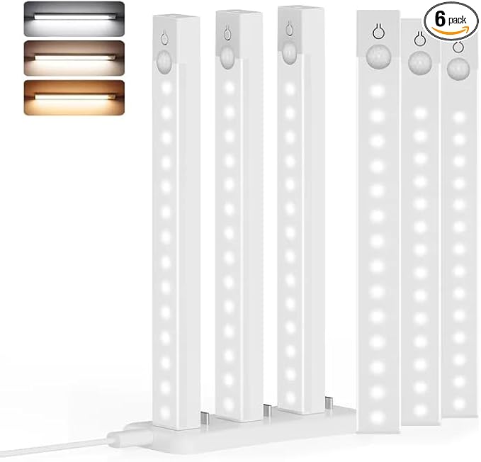6-Pack 8-Inch Under Cabinet Lighting with Charging Station Rechargeable Motion Sensor Light Indoor 3 Color Dimmable Closet Light USB LED Magnetic Wireless Under Counter Lights for Kitchen Stair