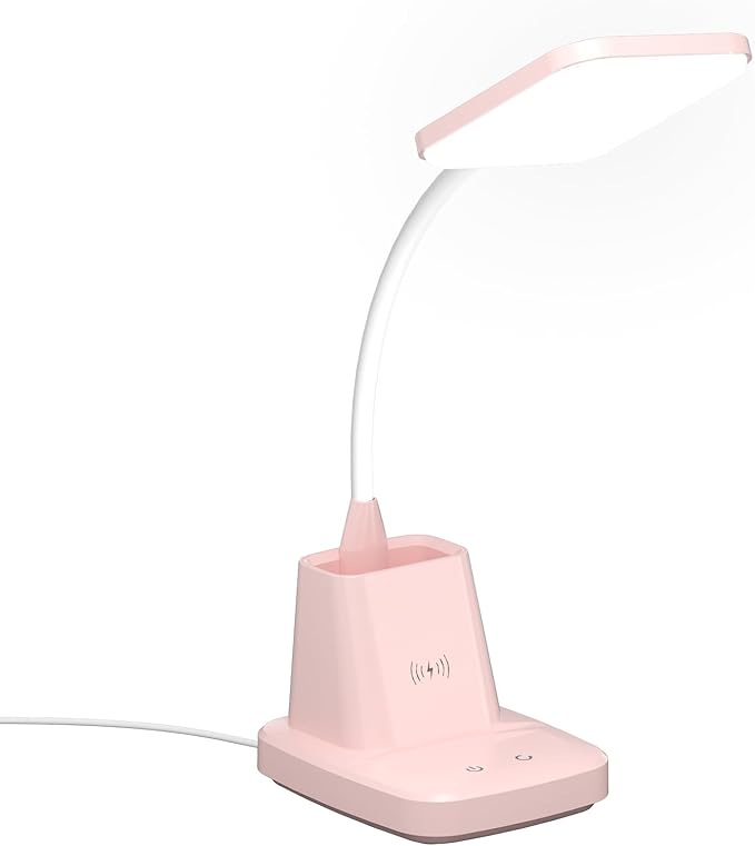 Pink Desk Lamp, Small Desk Lamp with Pen Holder, Wireless Charger LED Desk Lamps for Home Office, Kids Desk Lamps 800LM Flexible Arm 3 Modes Dimmable Touch, Study Lamps for College Dorm Room