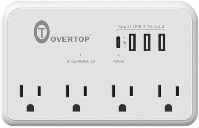 Overtop Wall Outlet Extender, 1800Joules Electrical Surge Protector, 4 AC Outlet Splitter with 4 USB Ports(1 USB C), Small Multi Plug Wall Charger for Home Office Travel Dorm