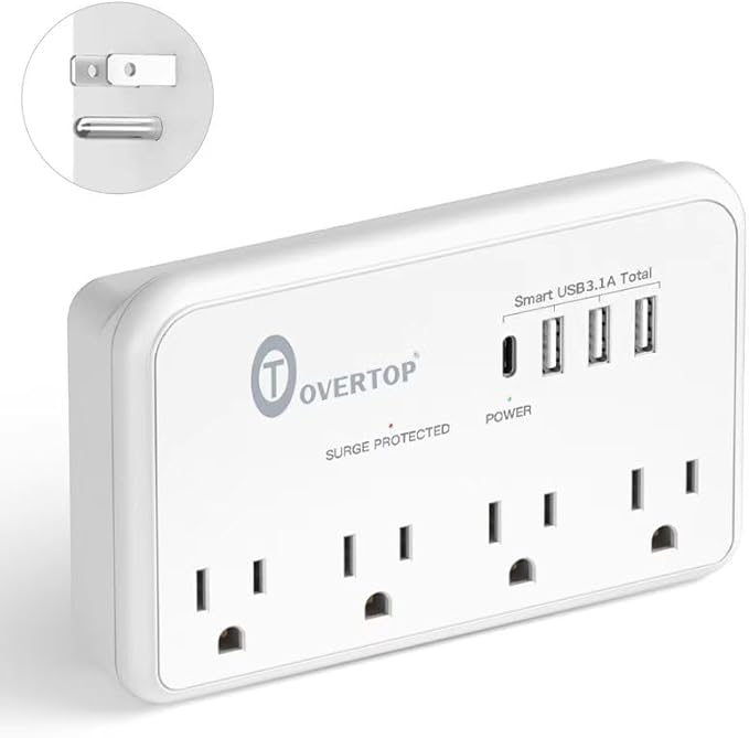 Overtop Wall Outlet Extender, 1800Joules Electrical Surge Protector, 4 AC Outlet Splitter with 4 USB Ports(1 USB C), Small Multi Plug Wall Charger for Home Office Travel Dorm