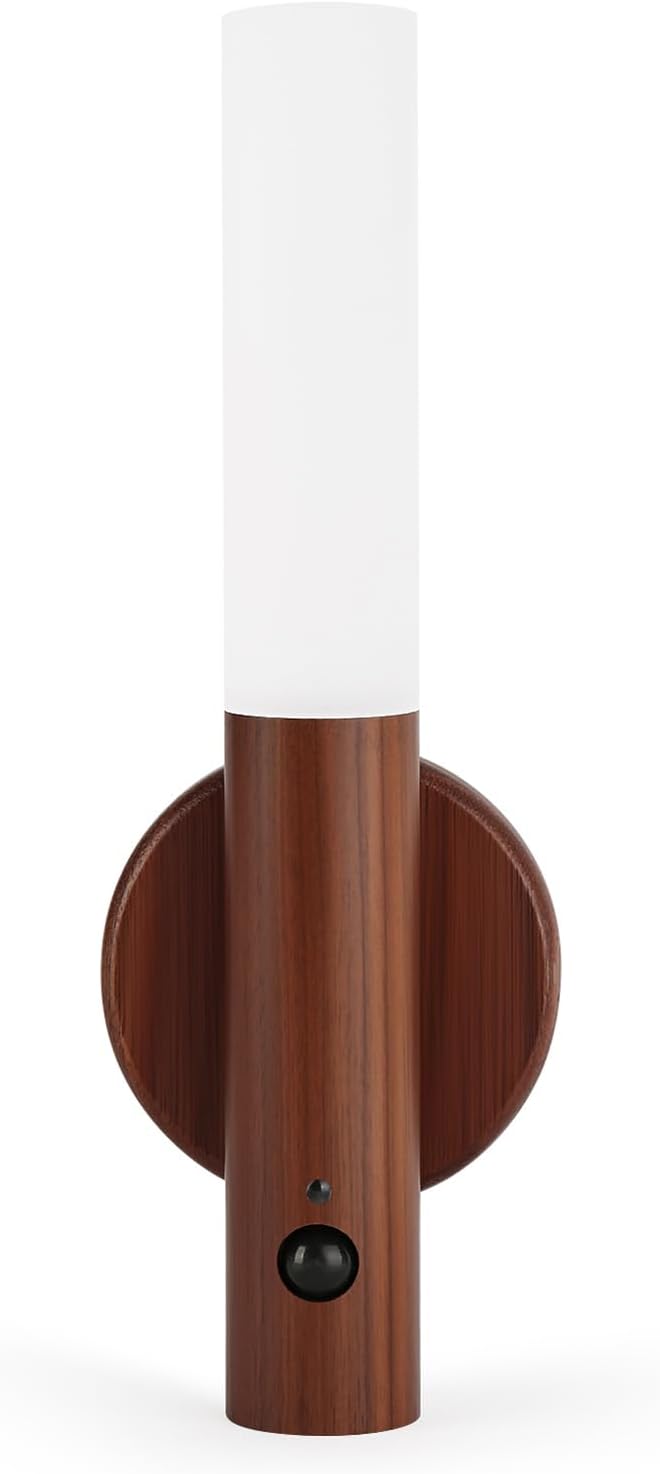 LANDGOO LED Magnetic Wall Sconces Lights Automatic Motion Sensor Wireless Wall Mounted Lamp Rechargeable Battery Operated Indoor 360° Rotation for Bedroom Living Room (Black Walnut Wood 1PC)