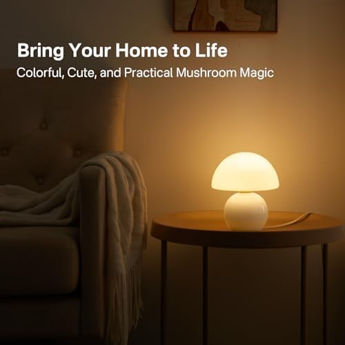 Dawnwake Mushroom Lamp Table Lamp for Bedroom,Desk Bedside Small Lamps for Living Room Night Stands,Mushroom Decor Cute Mini Modern Mid Century Lamps,Unique Aesthetic Home Living Room Decor(White)