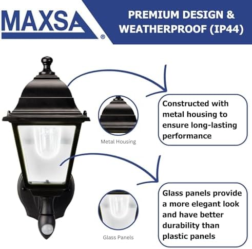 Maxsa 44219-RS Premium Wireless Battery-Powered Motion-Activated Decorative Outdoor Wall Sconce Lighting Fixture, Cool White LED, Metal Housing, Black