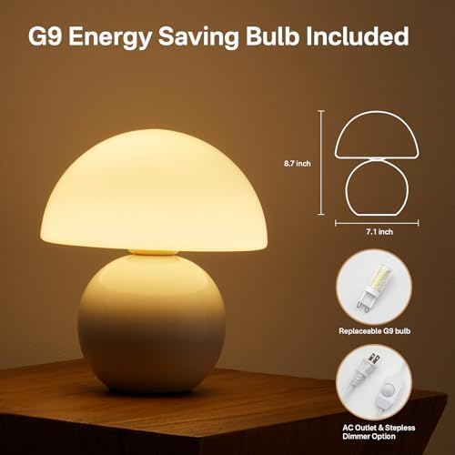 Dawnwake Mushroom Lamp Table Lamp for Bedroom,Desk Bedside Small Lamps for Living Room Night Stands,Mushroom Decor Cute Mini Modern Mid Century Lamps,Unique Aesthetic Home Living Room Decor(White)
