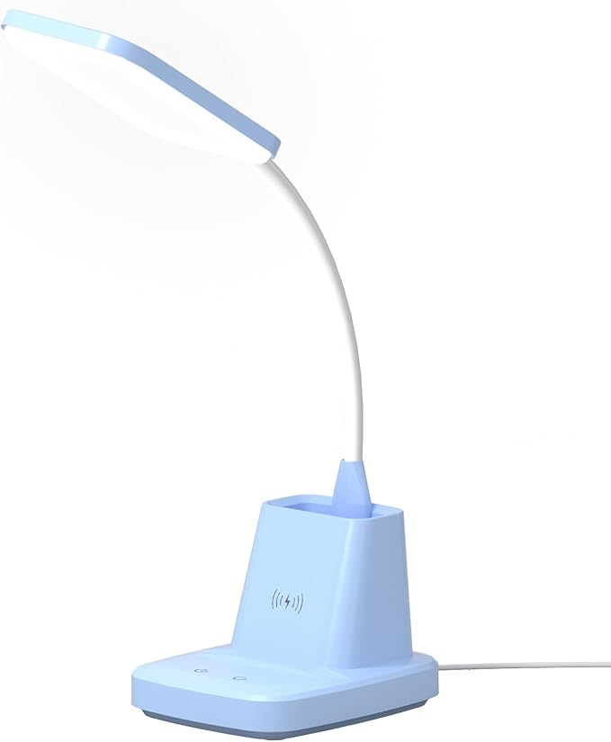 Small Desk Lamp, Blue Desk Lamp with Pen Holder, Wireless Charger LED Desk Lamps for Home Office, 800LM Flexible Arm 3 Modes Dimmable Touch Cute Desk Lamps, Study Lamps for College Dorm Room