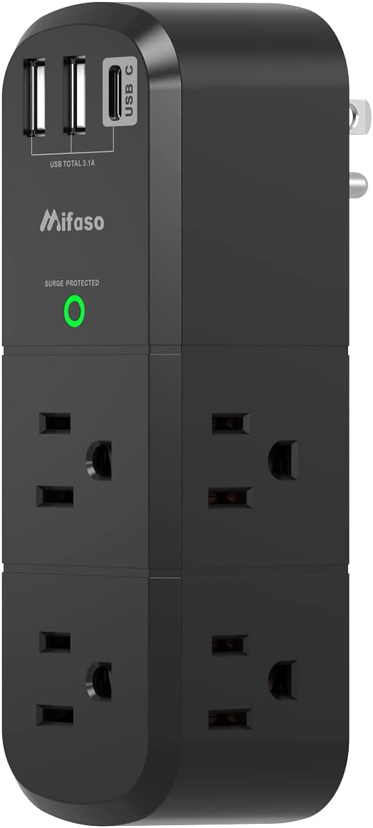 USB Outlet Extender Surge Protector - with Rotating Plug, 1800 Joules, 6 AC Multi Outlet and 3 USB Ports (1 USB C), 3-Sided Swivel Power Strip with Spaced Splitter for Home, Office, Travel