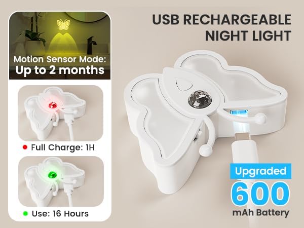 LOFTEK Rechargeable Motion Sensor Night Light, RGB Color Changing & Dimmable Butterfly Night Light for Kids, Wireless Stick on Wall, Bedside, Bathroom, Hallway, Stairs, Cabinet, Black