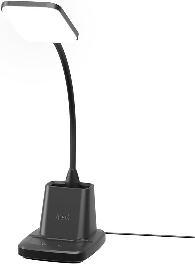 Desk Lamp, LED Desk Lamps for Home Office, Wireless Charger Small Desk Lamp with Pen Holder, 3 Color Modes, Dimmable, CRI 85, 800LM, Study Lamps for College Dorm Room, Adapter Included, Black