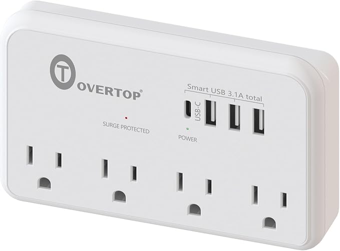 Overtop Wall Outlet Extender, 1800Joules Electrical Surge Protector, 4 AC Outlet Splitter with 4 USB Ports(1 USB C), Small Multi Plug Wall Charger for Home Office Travel Dorm
