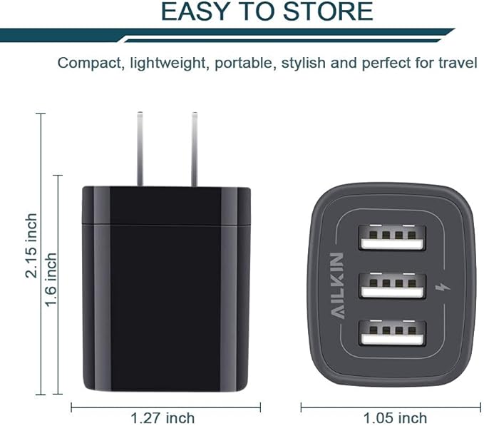 Wall Charger Plug, USB Charger Cube, AILKIN 3.1A 3-Muti Port USB Adapter Power Plug Charging Station Box Black Base for iPhone 17 16 15 14 13 12 11 Pro Max/SE, Samsung Galaxy Phones Charge Block